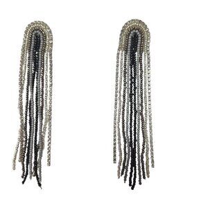 Beaded Black and Silver Fringe Dangle Earrings